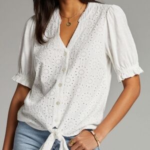 Anthropologie Porridge Zuzu Eyelet button down knotted vneck blouse top sz XL